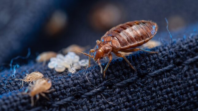 Macro photography of bed bug and cluster of eggs on dark fabric with parasite infestation creature wildlife entomology crawling magnification management cleaning