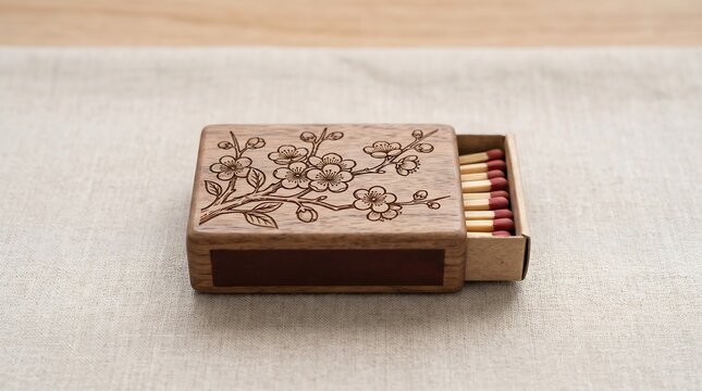 Wooden matchbox with floral engraving on linen fabric