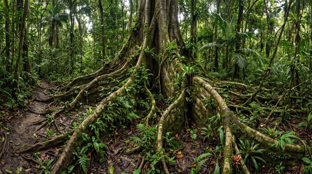 A low-angle view of a massive, ancient tree with sprawling, thick buttress roots covered in moss and ferns in the heart of a lush, dense tropical rainforest landscape.