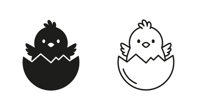 Chick hatching from egg black and white line silhouette