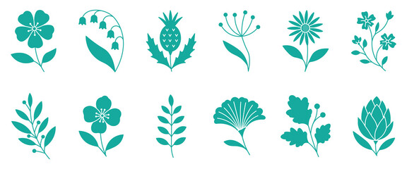 Obraz premium Set of solid teal botanical floral icons, flat spring flowers, plant silhouettes, simple leaves, branches, beautiful nature vector illustration.