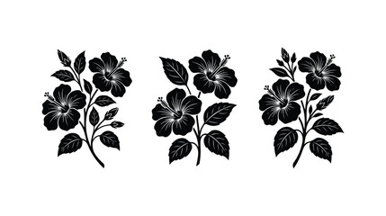 Black hibiscus flower silhouettes vector set, tropical floral botanical illustrations, elegant mallow blossom icons for summer wedding stationery © xantii