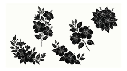 Hibiscus flower silhouettes set, black tropical floral vector illustrations, botanical mallow blossom elements for summer wedding invitations and tattoo design © xantii