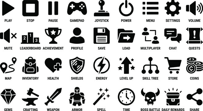 Black Gaming Interface Icon Set featuring Live Stream, Player Profile and Menu Navigation Elements for Game Development, App Design & UI Projects (EPS)