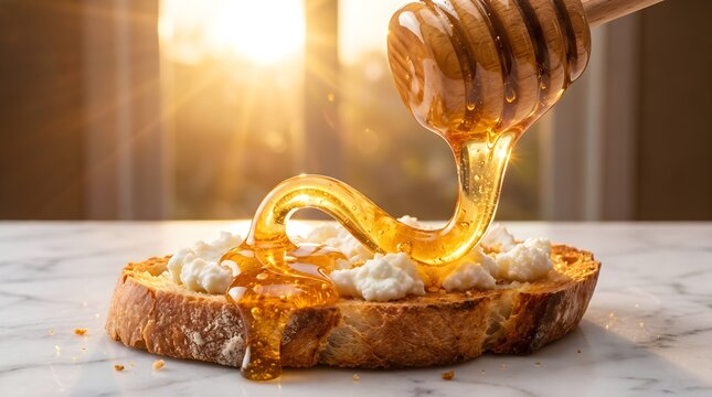 Golden honey dripping onto a slice of fresh bread with ricotta cheese