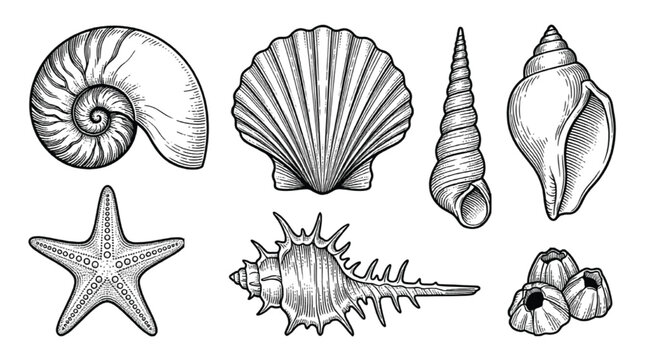 Vintage seashell engraving set with 7 nautical elements, hand drawn sea shell and starfish vector illustrations, antique marine life sketches