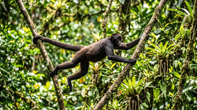 A black spider monkey stretching across tree branches in the dense, lush green canopy of a tropical rainforest in Ecuador