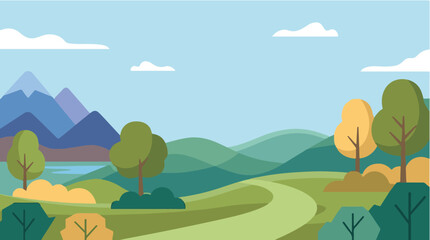 Obraz premium Flat vector illustration of a peaceful countryside landscape with rolling green hills, mountains, trees, winding road, and a clear blue sky.