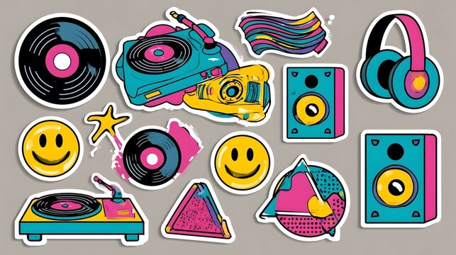 Retro disco party stickers in 90s style. Music elements: vinyl records, DJ turntables, speakers, headphones, smiley icons, abstract shapes. Nostalgic dance party concept inspired by nineties