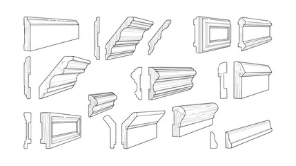 Architectural molding profiles set, decorative crown molding and baseboard vector icons, classic interior wood trim and cornice design elements © xantii
