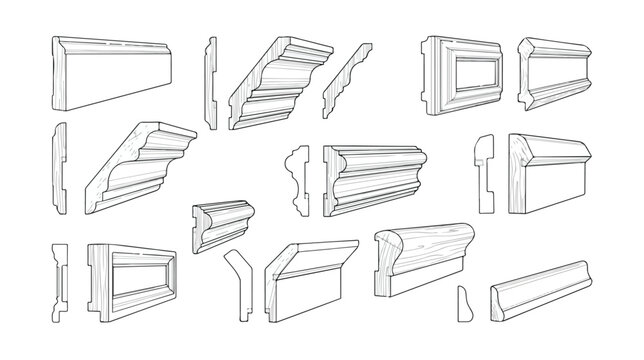 Architectural molding profiles set, decorative crown molding and baseboard vector icons, classic interior wood trim and cornice design elements