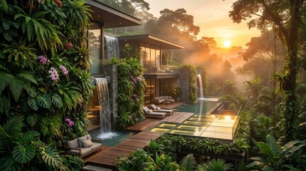 Fototapeta premium Luxury Jungle Villa with Waterfalls and Infinity Pool at Sunset