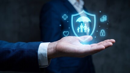 Obraz premium Professional businessman holding a glowing digital shield icon with family insurance and financial security symbols for modern business protection