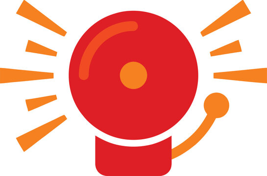Red fire alarm bell vector icon, ringing emergency alert signal with sound waves, flat school bell illustration for safety and security