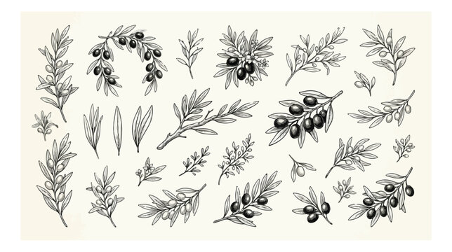 Vintage olive branch vector set, hand drawn botanical sketches of olive tree leaves and fruits, black ink line art for organic food packaging