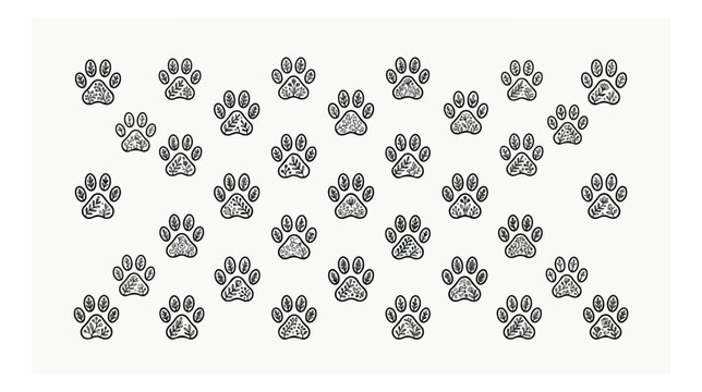 Minimalist dog paw print pattern vector, black and white animal track background, repeating pet footprint wallpaper for veterinary branding