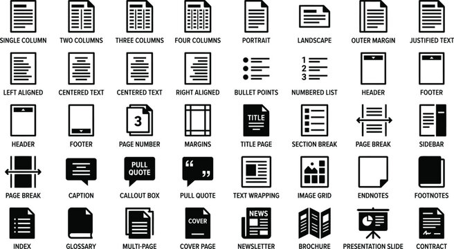 Document Layout and Text Formatting Icon Set Vector for Editorial Design, Publishing Software & Technical Documentation (EPS)