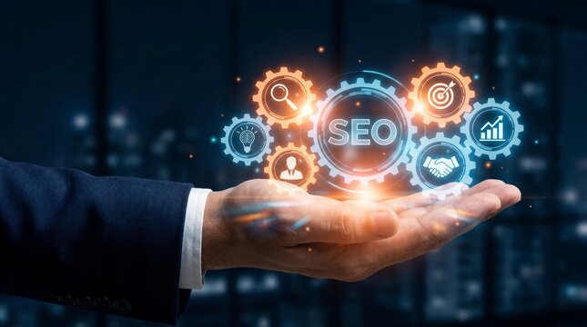 Businessman holding digital seo optimization icons floating above hand for business strategy growth and marketing success in a modern office