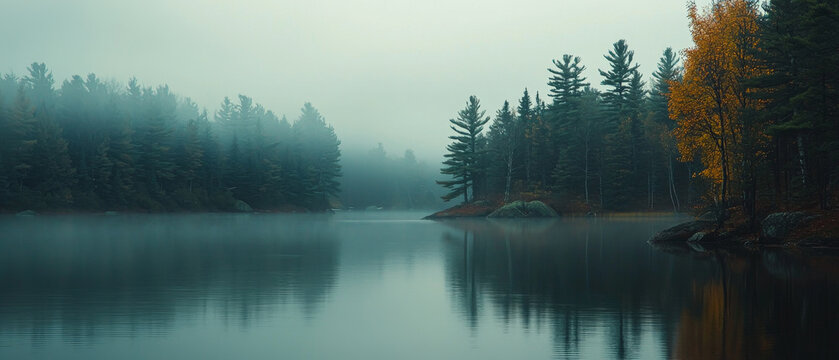 Misty lake surrounded by dense evergreen forests and a golden autumn tree, all reflecting beautifully on the still water