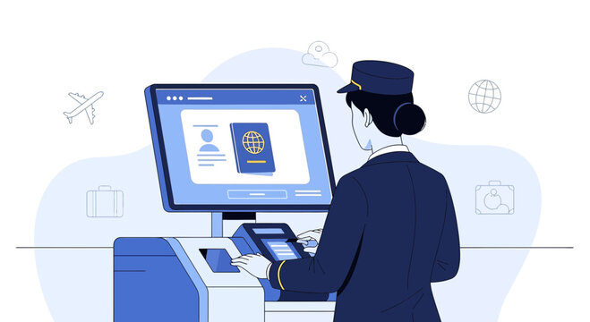 Immigration Officer Using Electronic Passport Control Kiosk at Airport