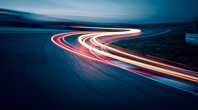Race Track with Motion Blur Speed Light Trails on a Dynamic Curved Road