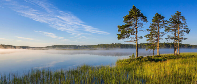 Misty morning lake reflecting blue sky with wispy clouds, framed by tall trees, vibrant green marsh grass, and a distant forest