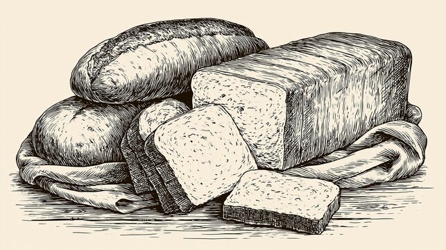 Loaves of bread, including a brick-style loaf, are shown in a hand-drawn sketch with an engraving style.
