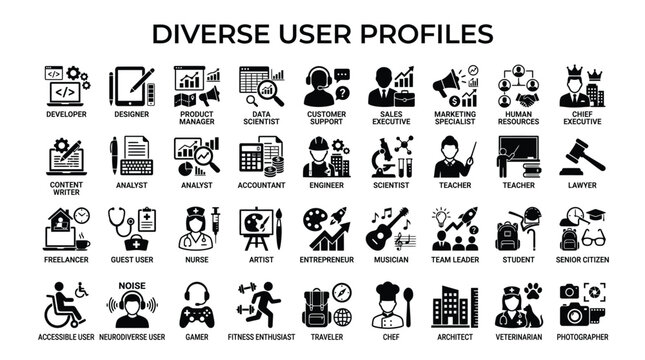 Diverse User Profiles Black Silhouette Icon Set for Professional Web Design, Business Presentations & Mobile App Interface Development (EPS)