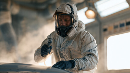Obraz premium Automotive paint shop technician in a full spray suit applies primer to a vehicle body panel inside a ventilated spray booth, extraction ducts and lighting rigs overhead as color
