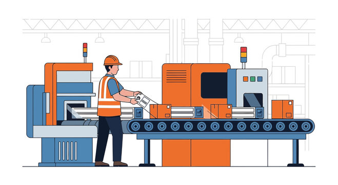 Factory worker operating conveyor belt with automated machinery and boxes.