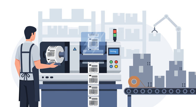 Factory worker operating label printer for product packaging and shipping in warehouse