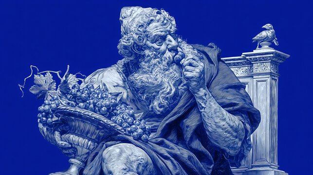 Old prophet on a throne eats fresh grapes, with a blue background.
