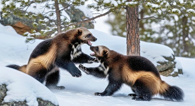Two Wolverines Playfully Interacting in a Snowy Pine Forest Under Winter Sunlight