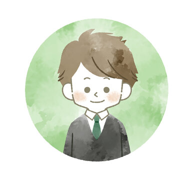 笑顔の男子学生のアイコン-水彩