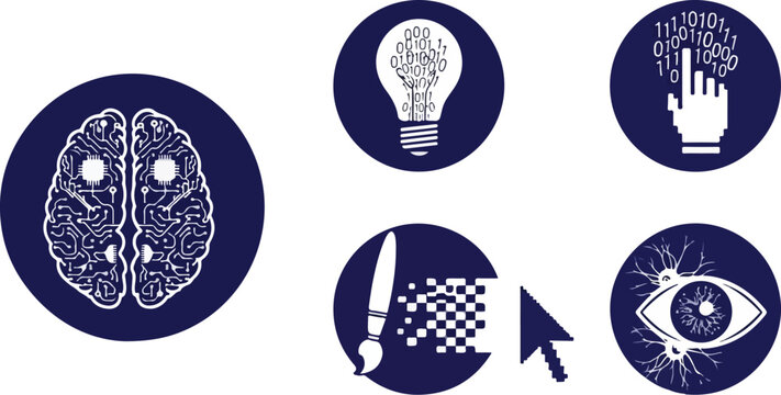 Digital innovation icons with brain circuits and binary code