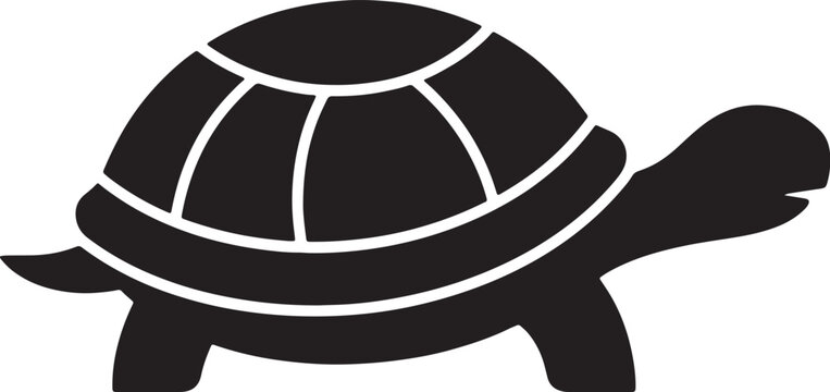 Black silhouette of a walking turtle with a patterned shell, isolated on a white background, flat for nature and animal themes also transparent background