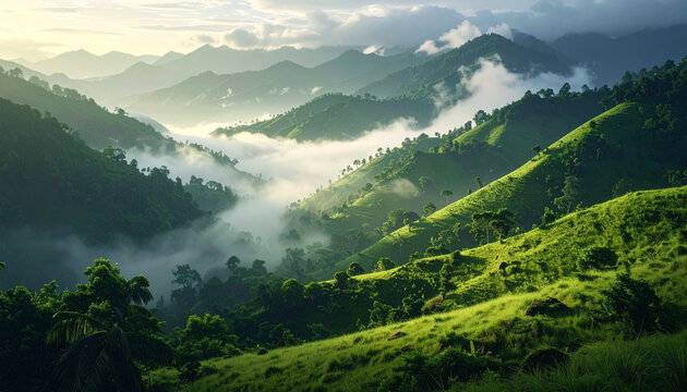 Misty sunrise over lush tropical mountain valley landscape