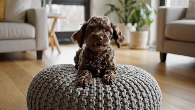 Fluffy Brown Puppy Lying on Ottoman. Suitable for pet adoption promotions, puppy care content, animal lover lifestyle, and cute pet videos.