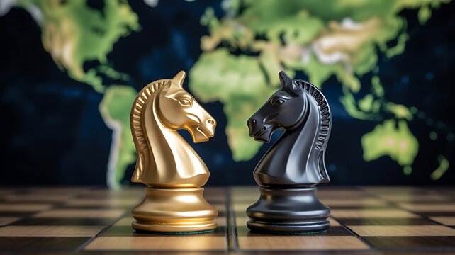 Golden and black chess knights facing each other on chessboard with world map background
