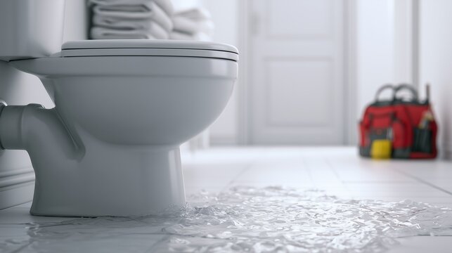 Toilet in bathroom with water on floor, signaling urgent plumbing emergency, leak, flood, and need for fast repair.