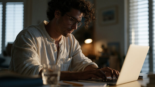 Graduate student at a bare apartment desk taking a proctoring remote exam, secondary webcam pointed at his keyboard as required, window blinds drawn against August afternoon