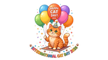 Fototapeta premium Cute Cat with Balloons Happy Cat Day Celebration Illustration