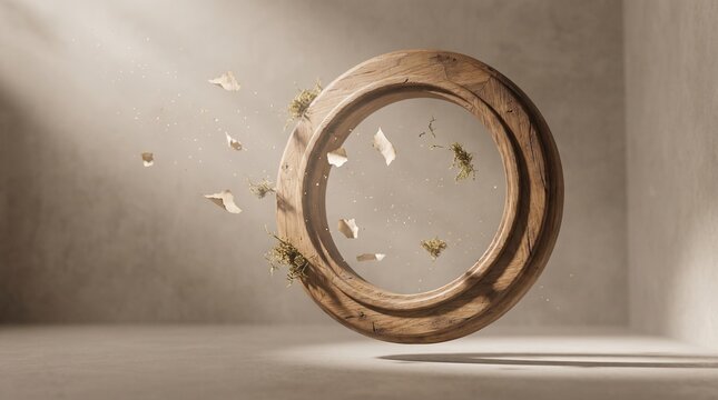 Surreal 3D Composition of a Floating Stone Ring Portal with Ethereal White Petals in a Minimalist Concrete Space