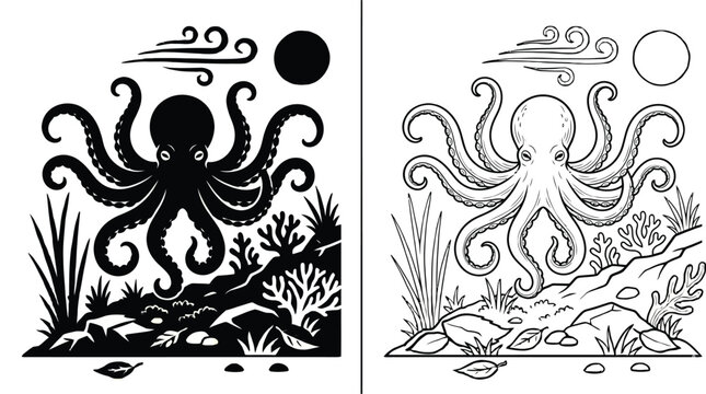 Octopus Silhouette and Outline Vector Illustration Set with Ocean Elements and a Sun or Moon.