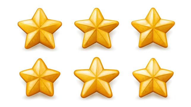 Yellow gold star emoji clipart set with cute 3d cartoon five point stars different rounded and pointed on white background background for rating icon symbol logo Stock Illustration