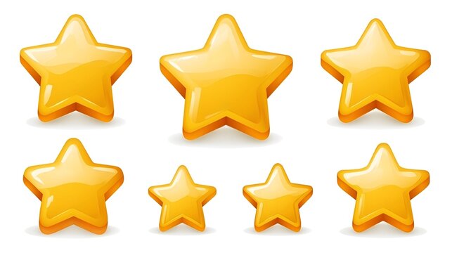 Yellow gold star emoji clipart set with cute 3d cartoon five point stars different rounded and pointed on white background background for rating icon symbol logo Stock Illustration