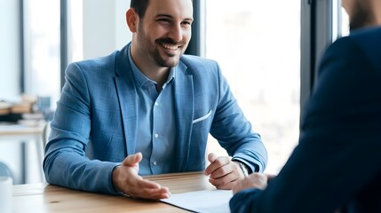 Fototapeta premium Young real estate manager worker man talking with bank client in office. Business meeting busy of entrepreneur professional people discussing financial planning trade strategy. Web banner, copy space