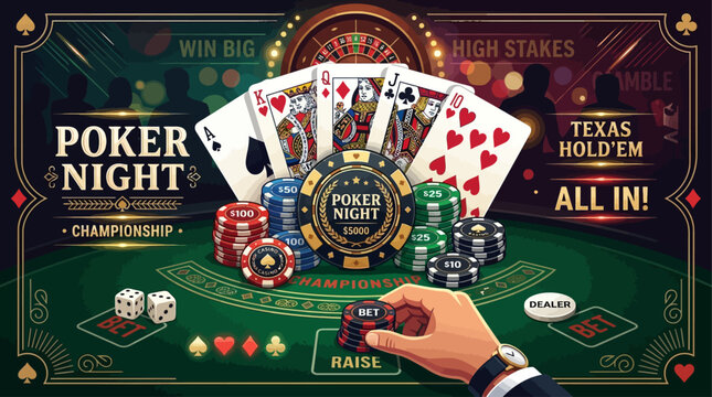 Luxury Poker Night Championship Concept featuring Royal Flush Cards Gambling Chips and Dice on Green Casino Table background