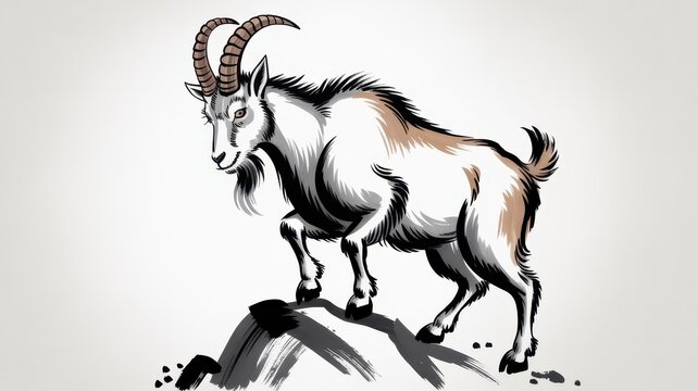Mountain goat illustration on rocky peak, majestic alpine ibex with curved horns, wild billy goat standing on a cliff edge, hand-drawn animal art