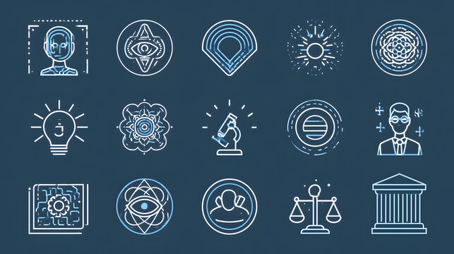 AI safety and ethics icon set featuring responsible AI, algorithmic bias, fairness, transparency, data privacy, AI governance, compliance, human rights, and justice symbols. Stock Vector